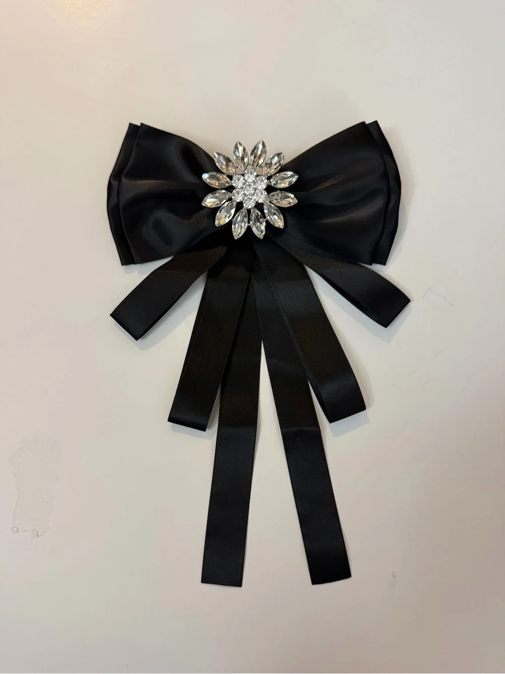 Black Satin Bow Brooch with Crystal Center